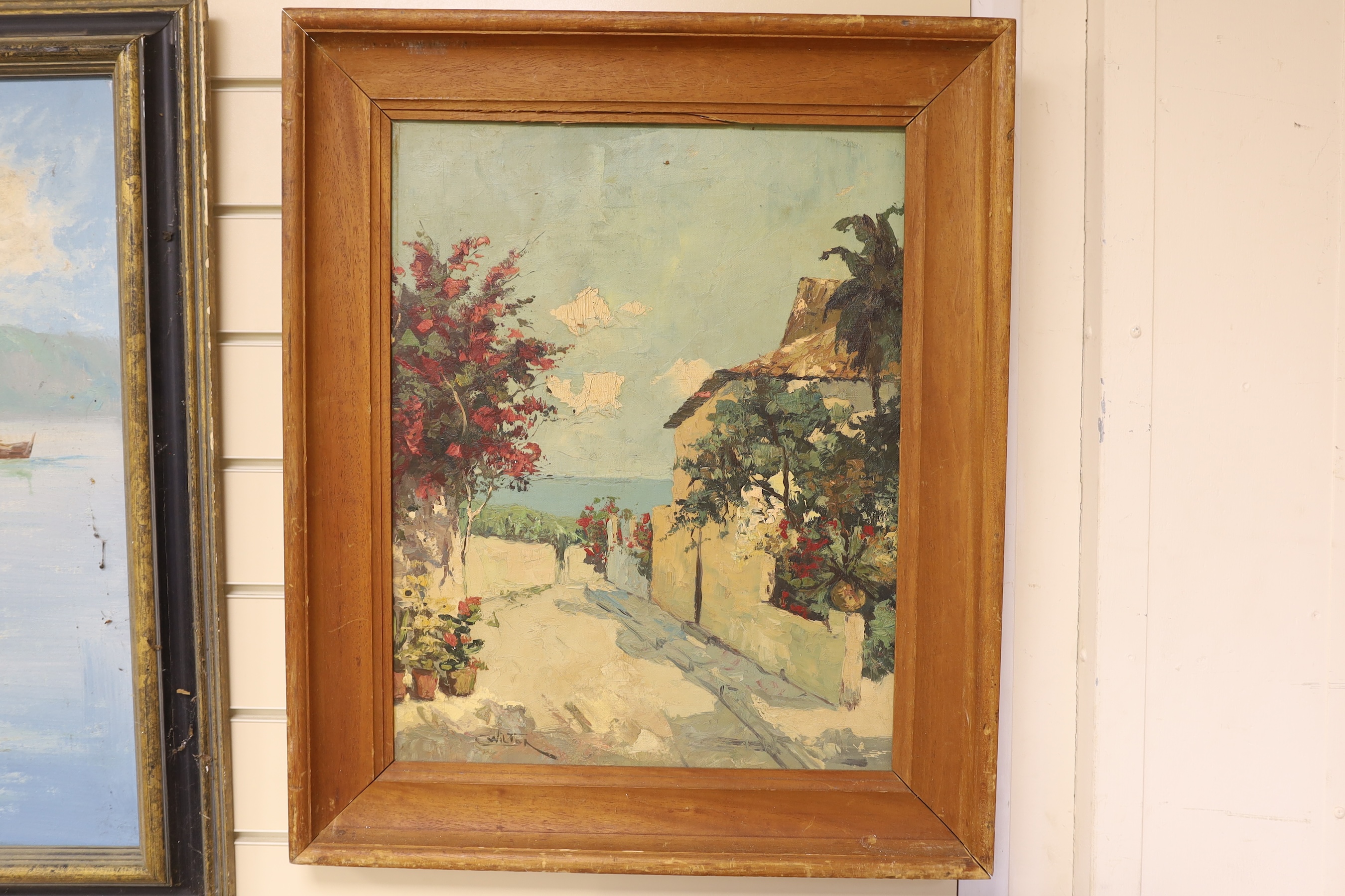 C Wilton, oil on board, Mediterranean coastal street, signed, 50 x 39cm